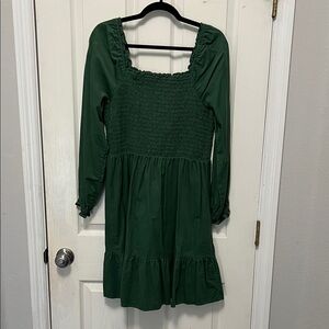 Green Corduroy Long Sleeve Smocked Dress